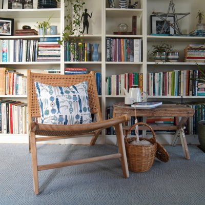 Picknick, blå/beige kuddfodral i stol